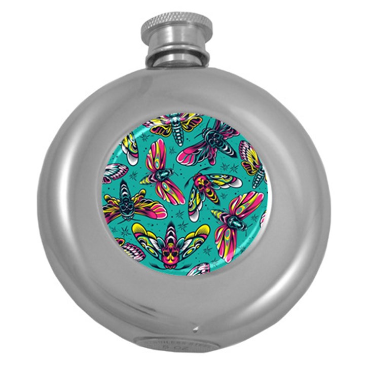 Vintage Colorful Insects Seamless Pattern Round Hip Flask (5 oz)