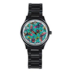 Vintage Colorful Insects Seamless Pattern Stainless Steel Round Watch by Wegoenart