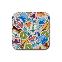 Travel Pattern Immigration Stamps Stickers With Historical Cultural Objects Travelling Visa Immigran Rubber Coaster (square) by Wegoenart