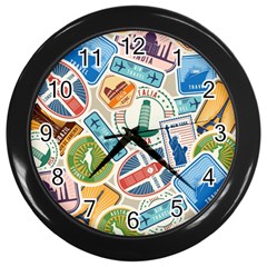 Travel Pattern Immigration Stamps Stickers With Historical Cultural Objects Travelling Visa Immigran Wall Clock (black) by Wegoenart