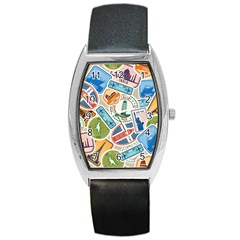 Travel Pattern Immigration Stamps Stickers With Historical Cultural Objects Travelling Visa Immigran Barrel Style Metal Watch by Wegoenart