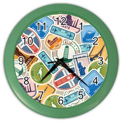 Travel Pattern Immigration Stamps Stickers With Historical Cultural Objects Travelling Visa Immigran Color Wall Clock by Wegoenart