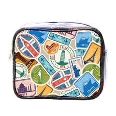 Travel Pattern Immigration Stamps Stickers With Historical Cultural Objects Travelling Visa Immigran Mini Toiletries Bag (one Side) by Wegoenart