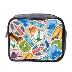 Travel Pattern Immigration Stamps Stickers With Historical Cultural Objects Travelling Visa Immigran Mini Toiletries Bag (two Sides) by Wegoenart