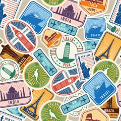 Travel Pattern Immigration Stamps Stickers With Historical Cultural Objects Travelling Visa Immigran Play Mat (square) by Wegoenart