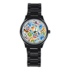 Travel Pattern Immigration Stamps Stickers With Historical Cultural Objects Travelling Visa Immigran Stainless Steel Round Watch by Wegoenart