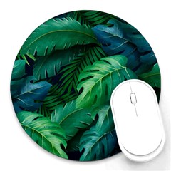 Tropical Green Leaves Background Round Mousepad by Wegoenart