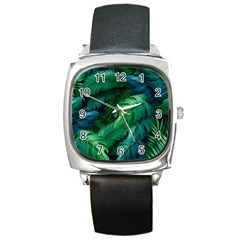 Tropical Green Leaves Background Square Metal Watch by Wegoenart