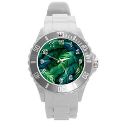 Tropical Green Leaves Background Round Plastic Sport Watch (l) by Wegoenart