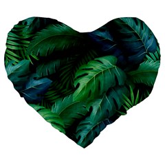 Tropical Green Leaves Background Large 19  Premium Flano Heart Shape Cushions by Wegoenart