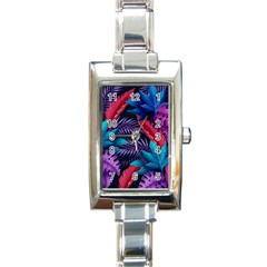 Background With Violet Blue Tropical Leaves Rectangle Italian Charm Watch by Wegoenart