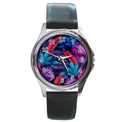 Background With Violet Blue Tropical Leaves Round Metal Watch by Wegoenart