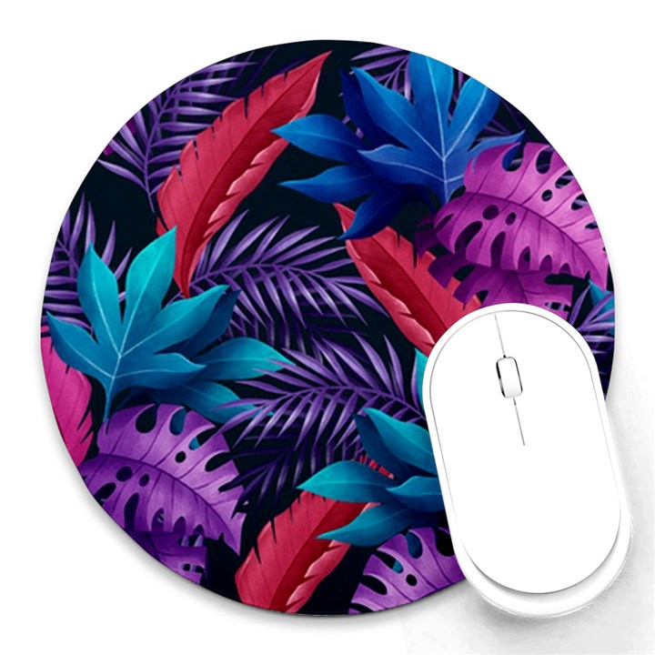 Background With Violet Blue Tropical Leaves Round Mousepad