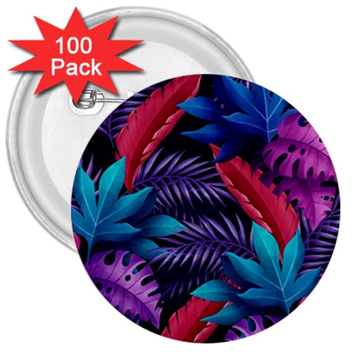 Background With Violet Blue Tropical Leaves 3  Buttons (100 pack) 