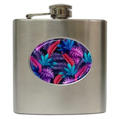 Background With Violet Blue Tropical Leaves Hip Flask (6 Oz) by Wegoenart