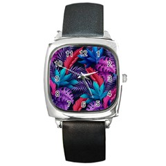 Background With Violet Blue Tropical Leaves Square Metal Watch by Wegoenart