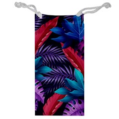 Background With Violet Blue Tropical Leaves Jewelry Bag by Wegoenart