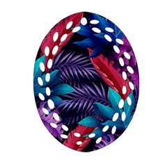 Background With Violet Blue Tropical Leaves Oval Filigree Ornament (two Sides) by Wegoenart