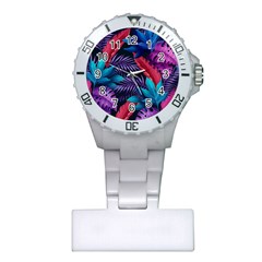 Background With Violet Blue Tropical Leaves Plastic Nurses Watch by Wegoenart