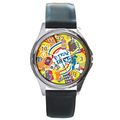 Colorful City Life Horizontal Seamless Pattern Urban City Round Metal Watch by Wegoenart