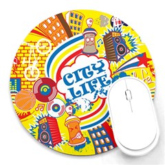 Colorful City Life Horizontal Seamless Pattern Urban City Round Mousepad by Wegoenart