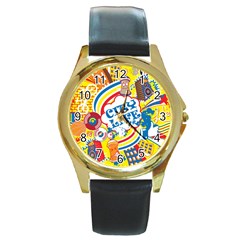 Colorful City Life Horizontal Seamless Pattern Urban City Round Gold Metal Watch by Wegoenart