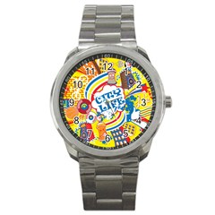 Colorful City Life Horizontal Seamless Pattern Urban City Sport Metal Watch by Wegoenart