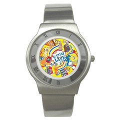 Colorful City Life Horizontal Seamless Pattern Urban City Stainless Steel Watch by Wegoenart