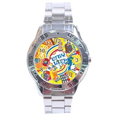 Colorful City Life Horizontal Seamless Pattern Urban City Stainless Steel Analogue Watch by Wegoenart