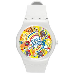 Colorful City Life Horizontal Seamless Pattern Urban City Round Plastic Sport Watch (m) by Wegoenart