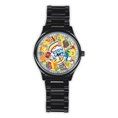 Colorful City Life Horizontal Seamless Pattern Urban City Stainless Steel Round Watch by Wegoenart