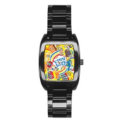 Colorful City Life Horizontal Seamless Pattern Urban City Stainless Steel Barrel Watch by Wegoenart