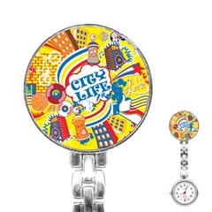 Colorful City Life Horizontal Seamless Pattern Urban City Stainless Steel Nurses Watch by Wegoenart