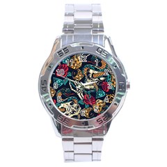 Vintage Art Tattoos Colorful Seamless Pattern Stainless Steel Analogue Watch by Wegoenart