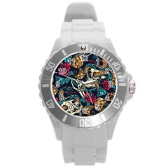 Vintage Art Tattoos Colorful Seamless Pattern Round Plastic Sport Watch (l)