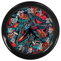 Vintage Tattoos Colorful Seamless Pattern Wall Clock (black) by Wegoenart