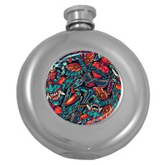 Vintage Tattoos Colorful Seamless Pattern Round Hip Flask (5 Oz) by Wegoenart