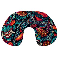 Vintage Tattoos Colorful Seamless Pattern Travel Neck Pillow by Wegoenart