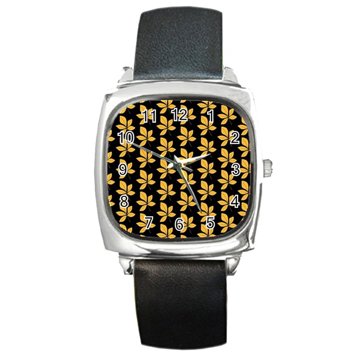 Orange And Black Leaves Square Metal Watch