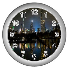 New York Night Central Park Skyscrapers Skyline Wall Clock (silver) by Wegoenart