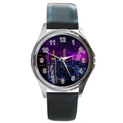 New York Manhattan Skyline Cityscape Downtown Round Metal Watch by Wegoenart