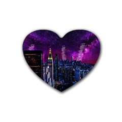 New York Manhattan Skyline Cityscape Downtown Rubber Heart Coaster (4 Pack) by Wegoenart