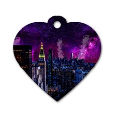 New York Manhattan Skyline Cityscape Downtown Dog Tag Heart (one Side) by Wegoenart