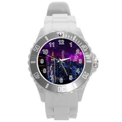 New York Manhattan Skyline Cityscape Downtown Round Plastic Sport Watch (l) by Wegoenart