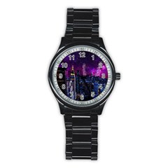 New York Manhattan Skyline Cityscape Downtown Stainless Steel Round Watch by Wegoenart