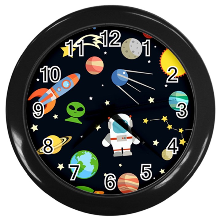 Space And Astronomy Decorative Symbols Seamless Pattern Vector Illustration Wall Clock (Black)