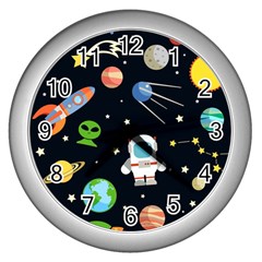 Space And Astronomy Decorative Symbols Seamless Pattern Vector Illustration Wall Clock (silver) by danenraven