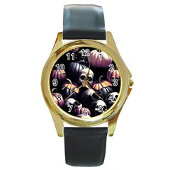 Halloween Party Skulls, Demonic Pumpkins Pattern Round Gold Metal Watch by Casemiro