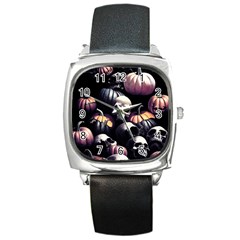 Halloween Party Skulls, Demonic Pumpkins Pattern Square Metal Watch by Casemiro