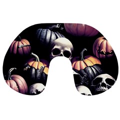 Halloween Party Skulls, Demonic Pumpkins Pattern Travel Neck Pillow by Casemiro